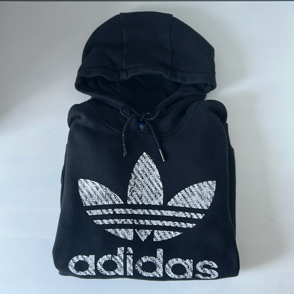 Adidas Men's Black and Silver Logo Hoodie